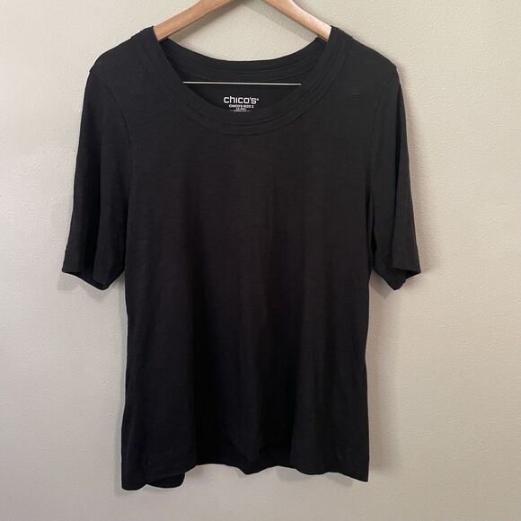 Chico’s Shirt Size 2 US L Cotton Modal Slub Elbow Tee 3/4 Sleeve Black EUC - Picture 1 of 7